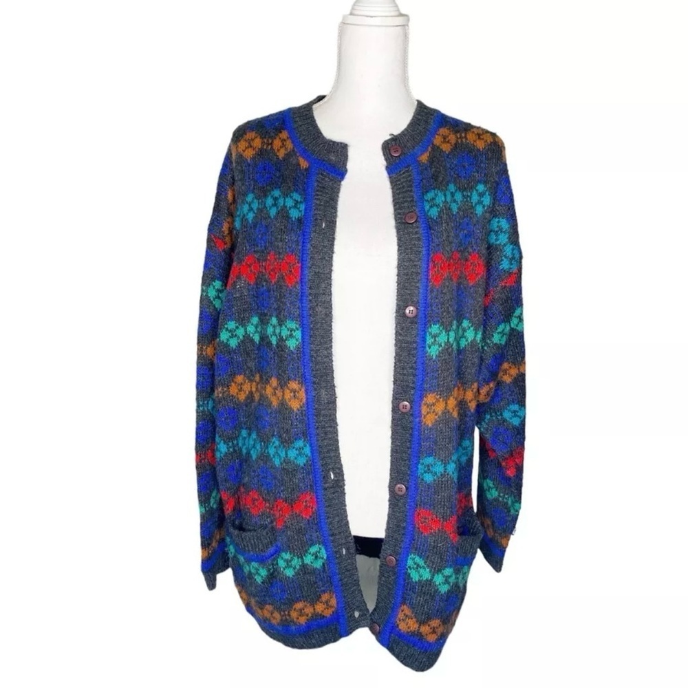 VINTAGE RUSS STUDIO Women Grandpa Sweater Wool Button Up Crew Neck Large